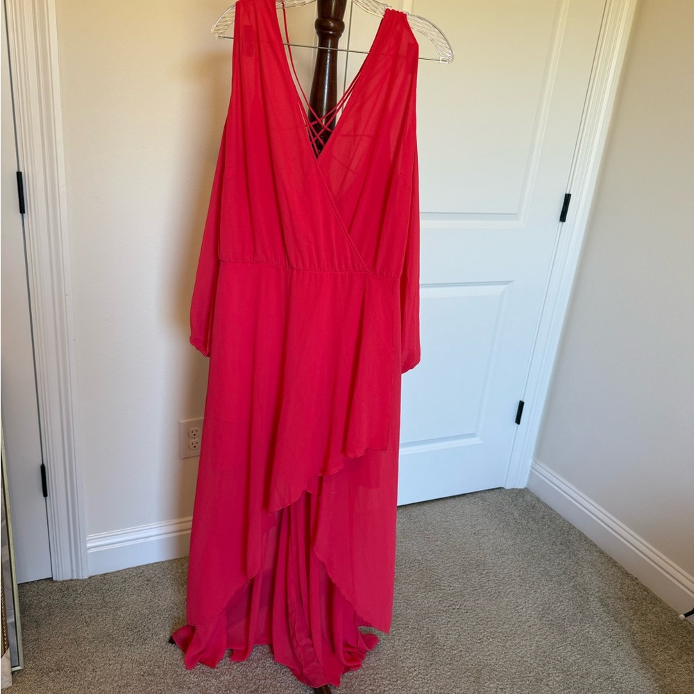 Elegant pinkish red Women's Dress. Cold shoulder high low